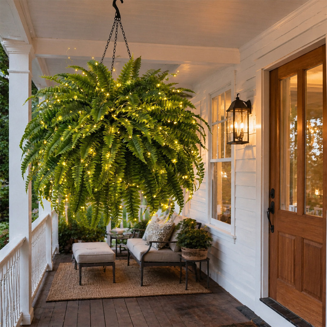Glowing Boston Ferns with Lights